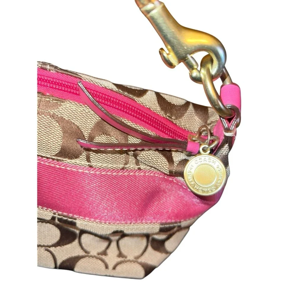 Coach Khaki Pink Signature C Rare Floral Appliqué Canvas Shoulder Bag 41420 Y2K